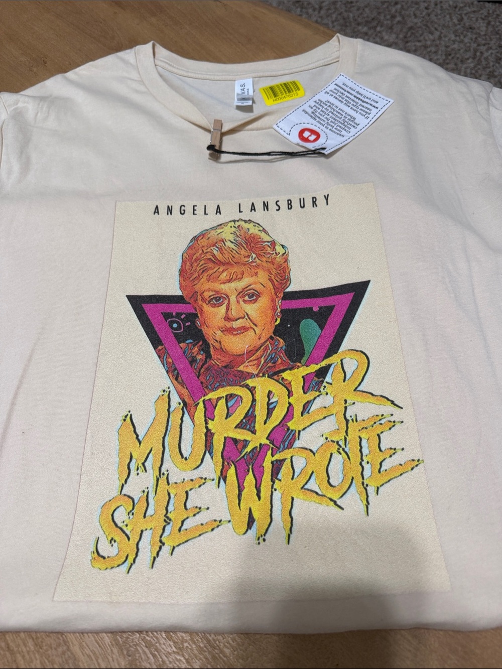 Bella Canvas Cream Tee with Yellow, Pink and Teal Graphic - Angela Lansbury